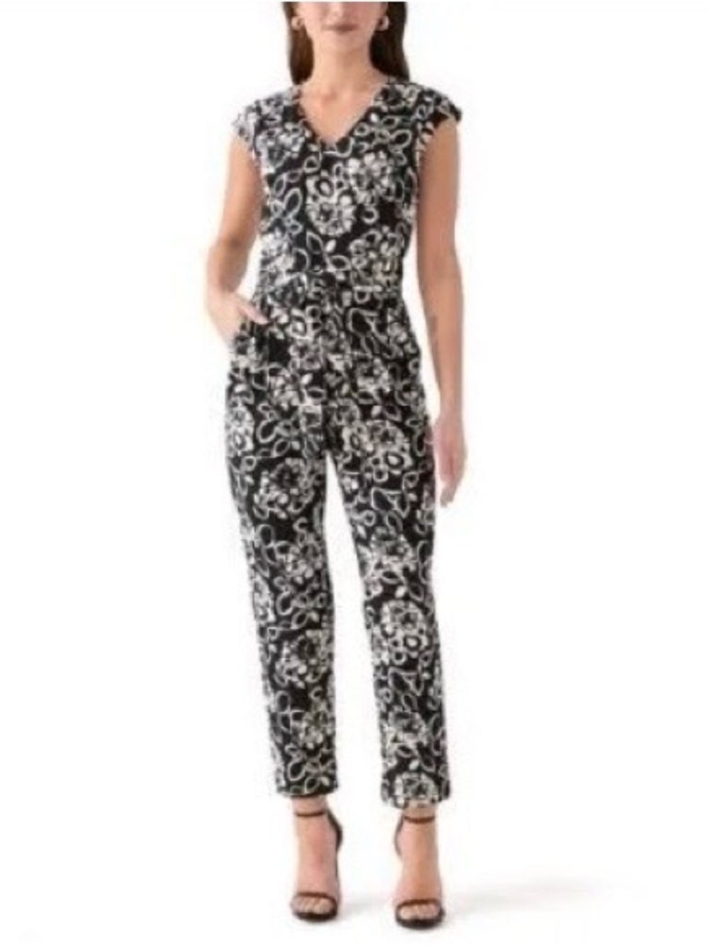 Anne Klein Petite Black & White Floral Print Cap-Sleeve Belted Jumpsuit Small SP